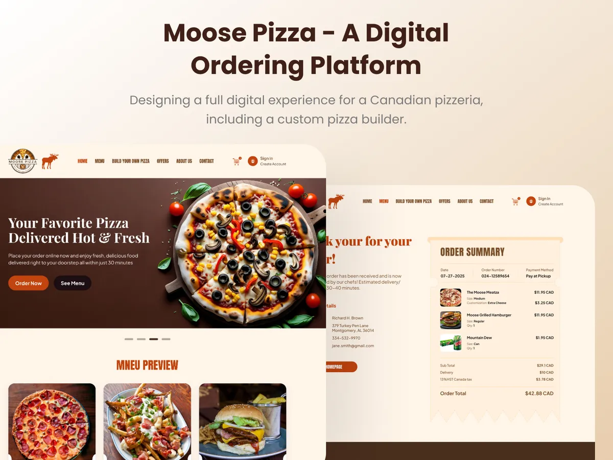 Moose Pizza digital ordering platform website UI design